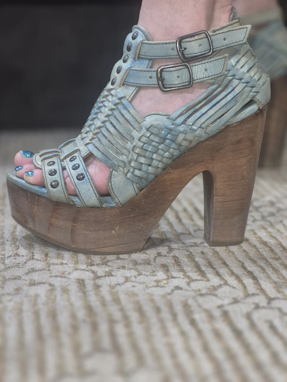 Bed Stu Light Blue Woven Leather Platform Sandals with Stud Accents